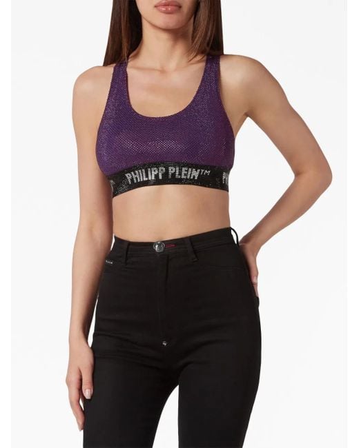 Philipp Plein Purple Rhinestone-Embellished Racerback Bra