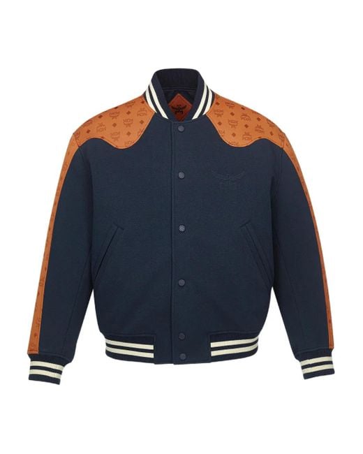 MCM Blue Ponte Varsity Monogram Bomber Jacket