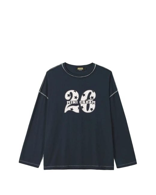 Mini Cream Blue Logo-Print Contrast-Stitch T-Shirt