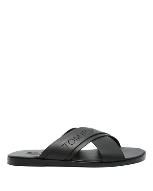 Tom Ford Black Preston Logo-Perforated Slides Shoes for men