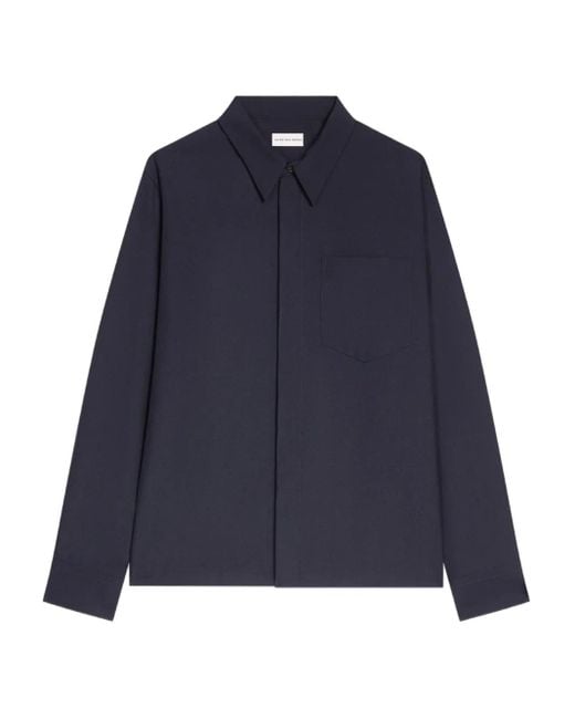 Dries Van Noten Blue Zip-Up Patch-Pocket Shirt for men
