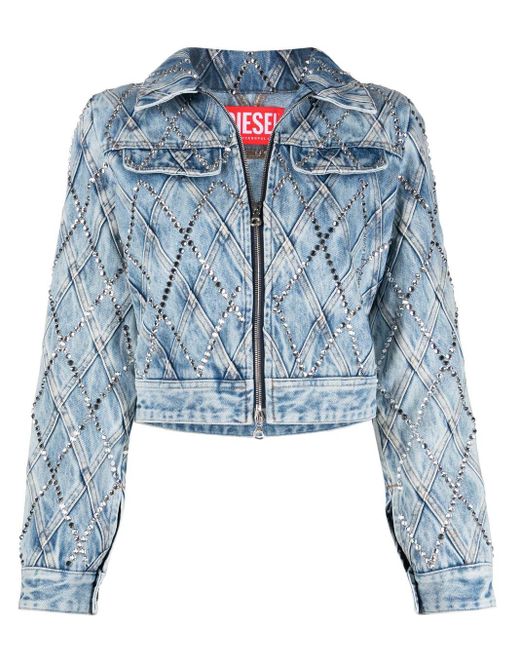 DIESEL Blue Cropped Crystal-embellished Denim Jacket