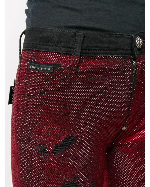 Philipp Plein Red Crystal Embellished Skinny Jeans