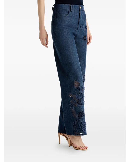 Oscar de la Renta Blue Flower-Detail Denim Jeans