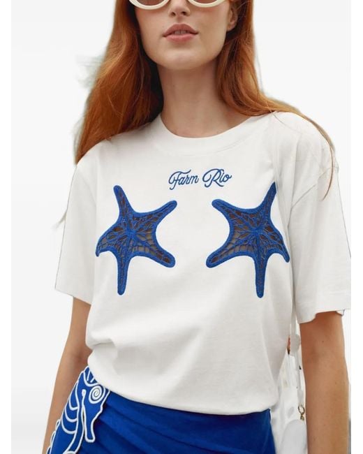 Farm Rio Gray Starfish-Motif Embroidered T-Shirt