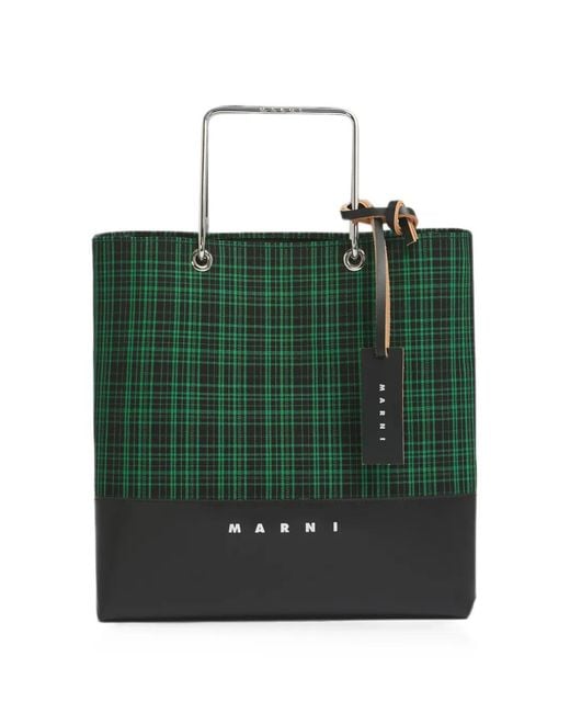 Marni Green Checked Twill Shopper With Metal Handles for men