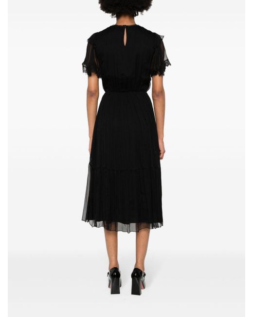 Nissa Black Lace-embellished Silk Dress