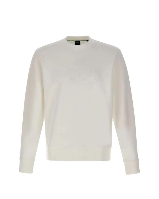 Boss White Logo Ribbed Crew-Neck Sweatshirt for men