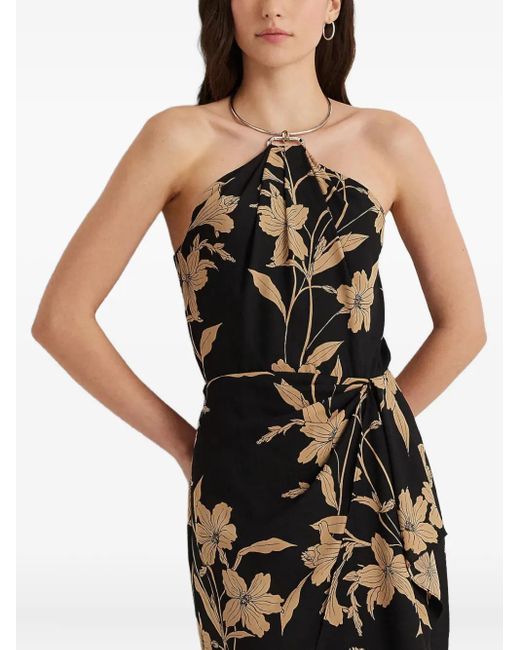 Ralph Lauren Black Floral Metal-Necklace Midi Dress