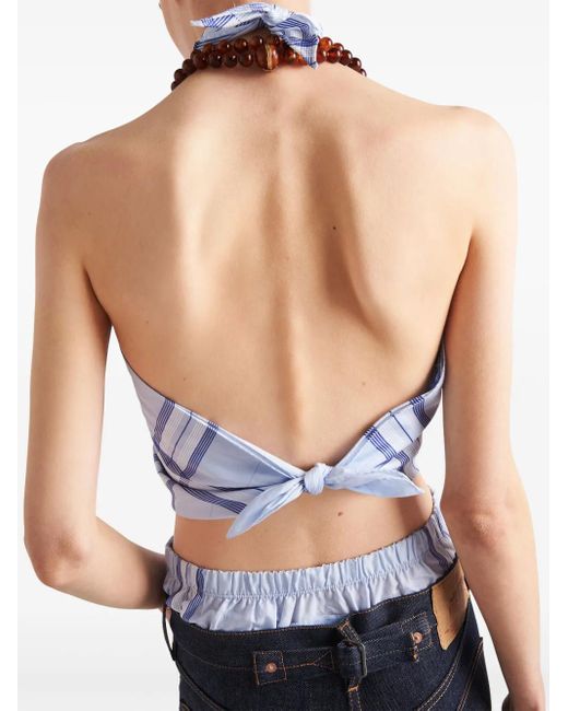 Prada Blue Checked Cotton Cropped Top