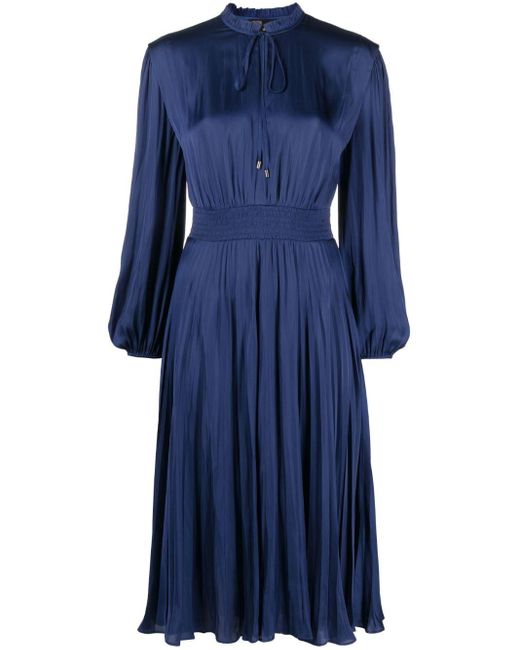 Maje Blue Pleated Satin Midi Dress