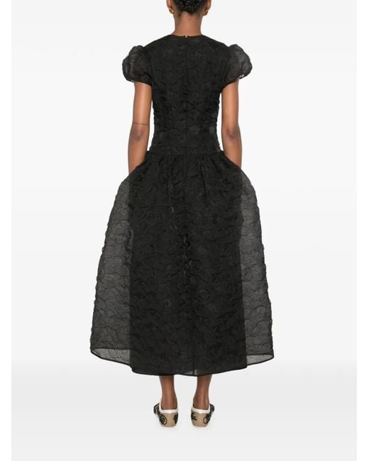 CECILIE BAHNSEN Black Puff-Sleeve Textured-Finish Midi Dress