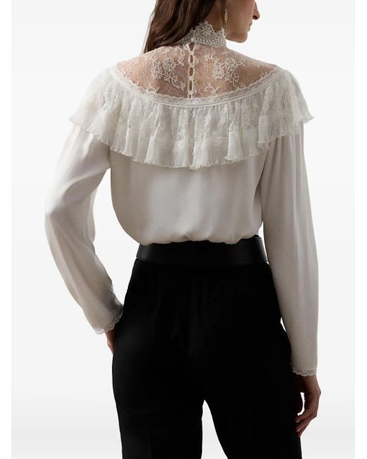 Ralph Lauren White Lace-Insert Ruffled Blouse