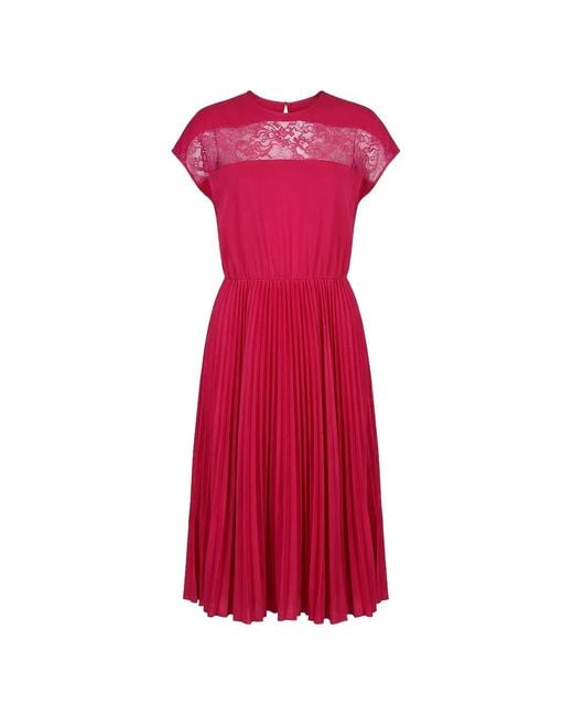 Valentino Garavani Red Lace-Panel Pleated Midi Dress