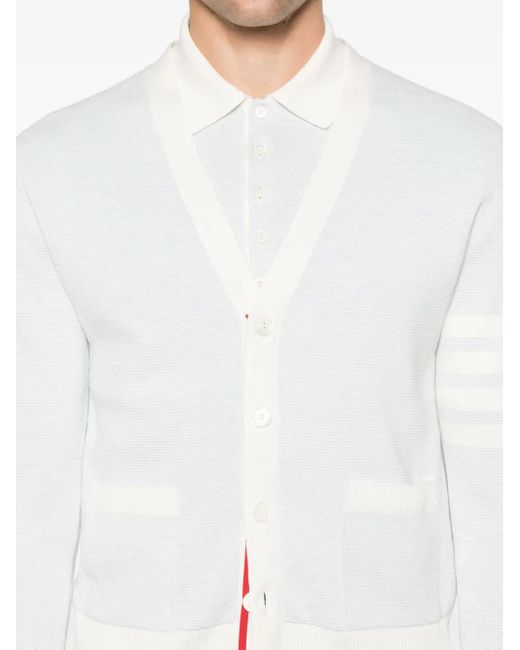 Thom Browne White Textured Striped Stitch 4-Bar Relaxed Fit V-Neck Cardigan for men