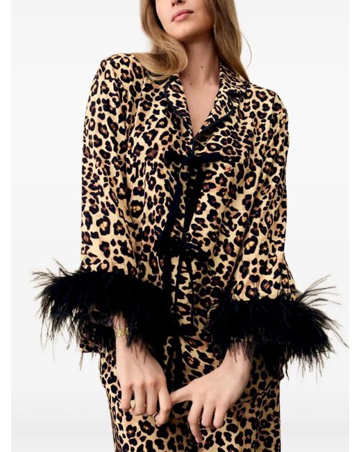 Sleeper Black Feather-Trimmed Leopard-Print Pajamas