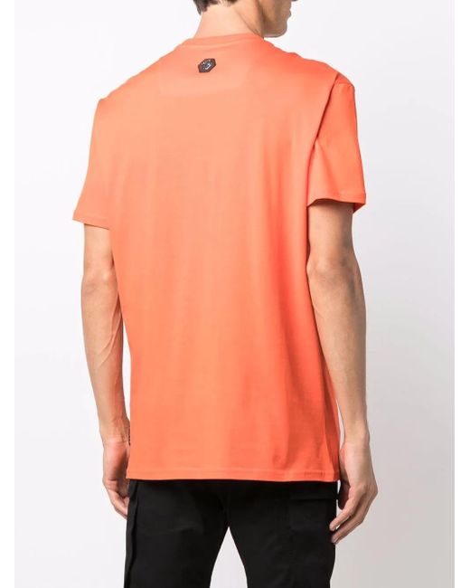 Philipp Plein Orange Beaded Logo-Skull T-Shirt