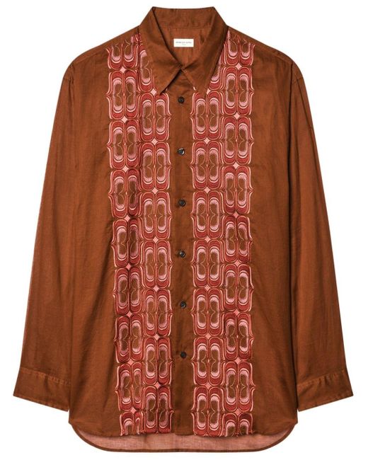 Dries Van Noten Brown Embroidered Button-up Cotton Shirt for men