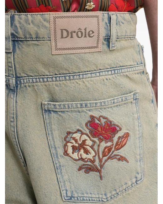 Drole de Monsieur Natural Floral-Embroidered Denim Shorts for men