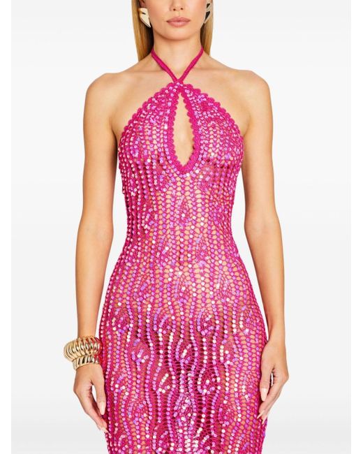 retroféte Pink Massie Sequin Crochet Halterneck Dress