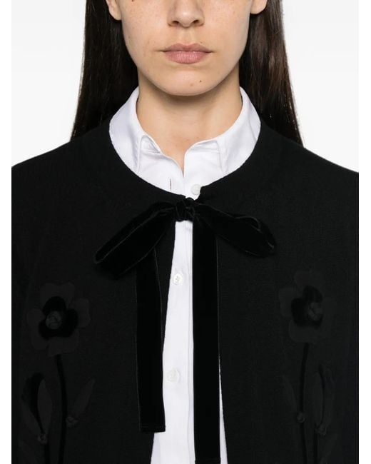 Valentino Garavani Black Floral-Applique Bow-Fastening Cardigan