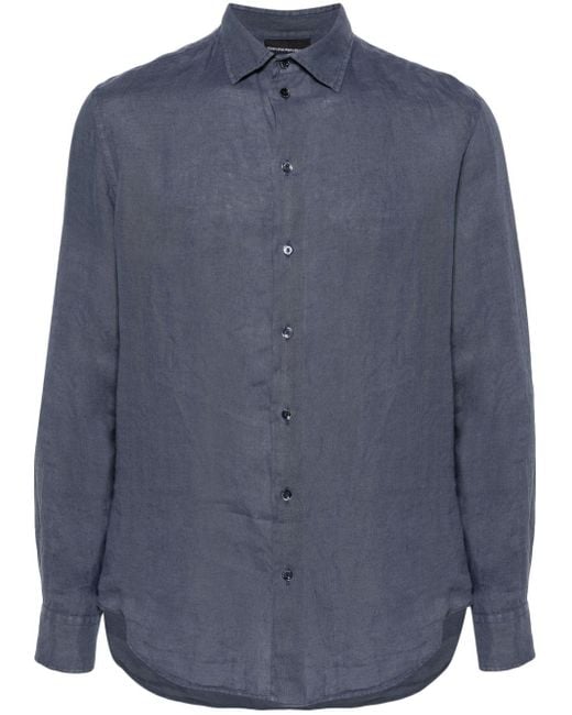 Emporio Armani Blue Long-sleeve Linen Shirt for men