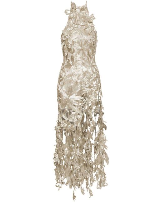 Oscar de la Renta White Floral Bead-embellished Halterneck Gown