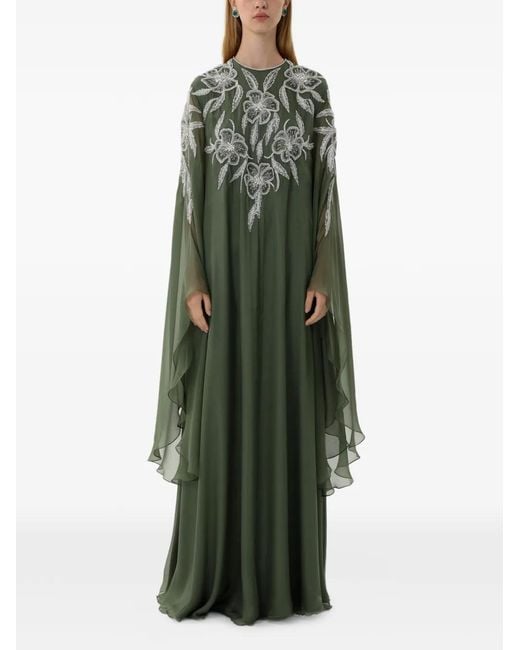 Dina Melwani Green Floral Crystal-Embellished Cape-Sleeve Maxi Dress