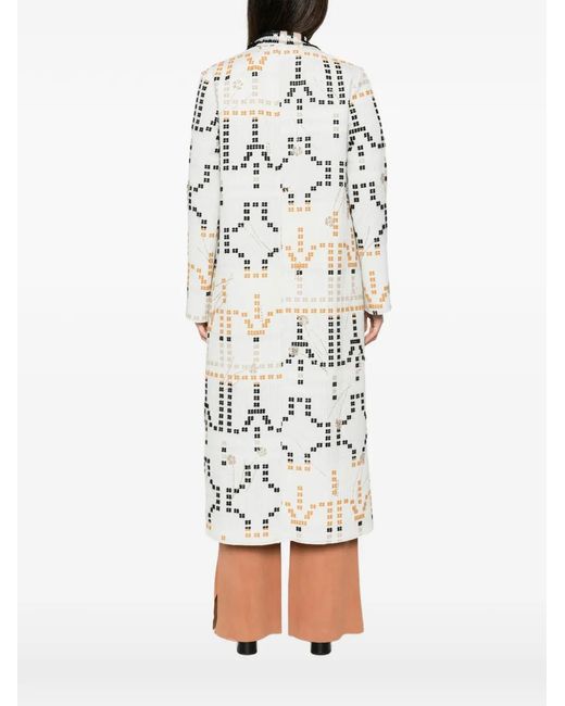 Forte_forte White Geometric-Pattern Fringed-Trim Coat