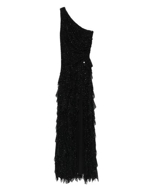 Nissa Black Asymmetrisches Abendkleid mit Verzierung