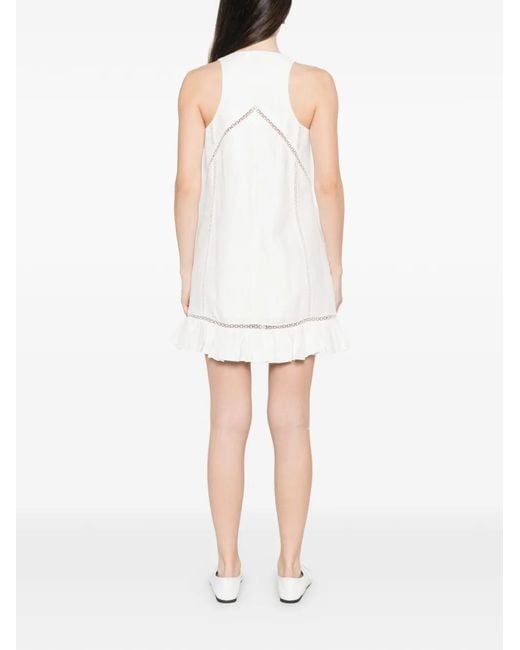 Maje White Embroidered Ruffle-Hem Mini Dress
