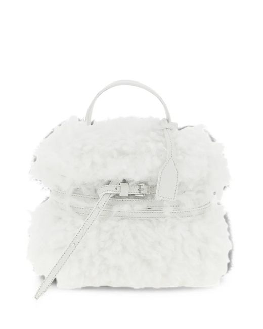Moschino White Small Tie Me Shearling Tote Bag
