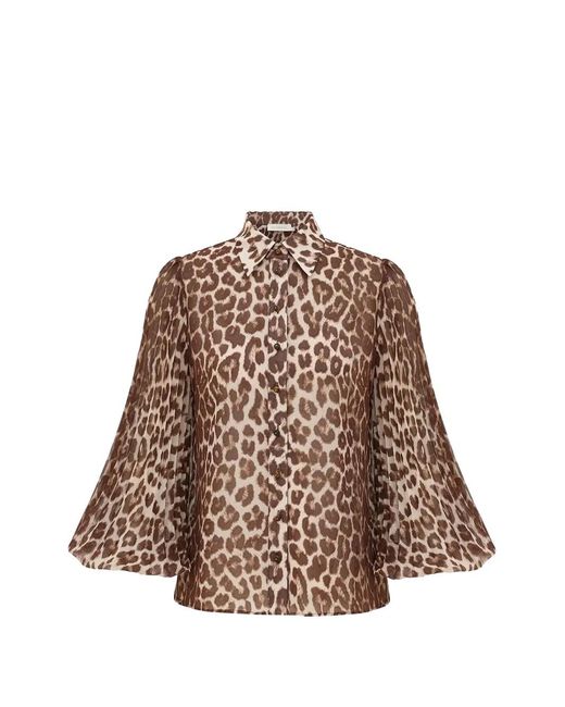 Zimmermann Brown Sunray Leopard-Print Collared Shirt