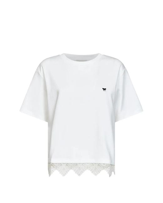Weekend by Maxmara White Lace-Trim Butterfly-Embroidered T-Shirt