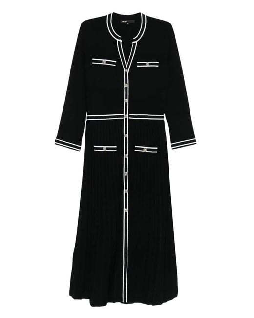 Maje Black Pleated Button-Front Knit Dress
