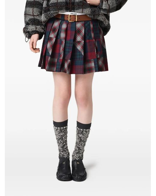 Miu Miu Red Pleated Plaid Patchwork Miniskirt
