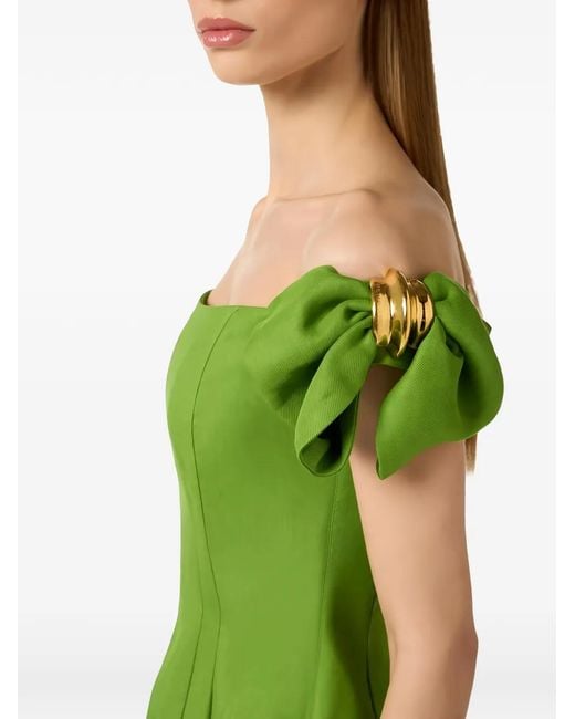 Elisabetta Franchi Green Off Shoulder Pleated Mini Dress