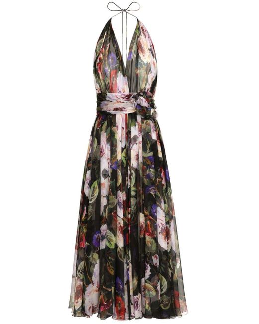 Dolce & Gabbana Black Floral-print Silk Midi Dress