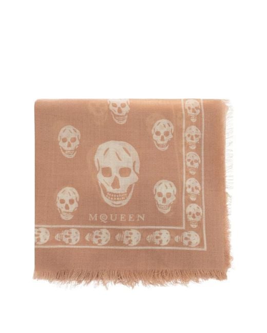 McQueen Natural Skull-Print Raw-Edge Scarf