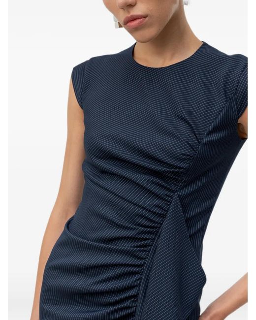 HUGO Blue Pinstripe-Pattern Ruched Midi Dress