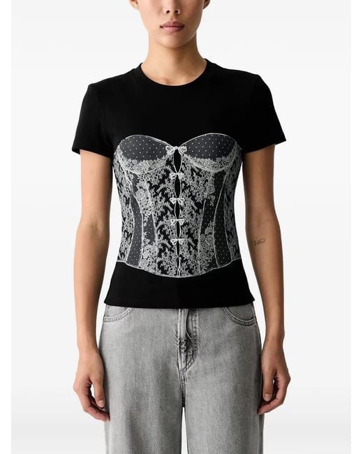 Miss Sixty Black Corset-Print Beaded T-Shirt