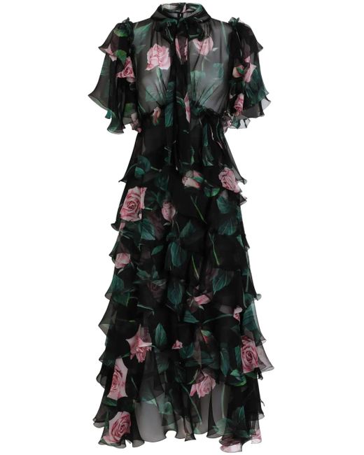Dolce & Gabbana Black Floral-Print Midi Dress
