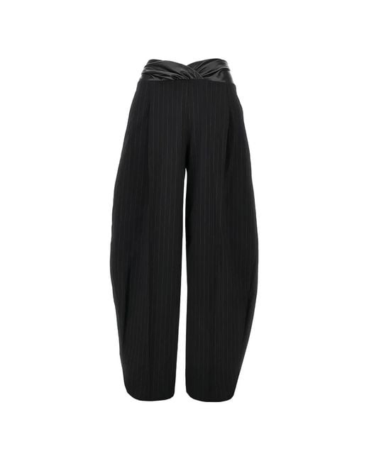 ANDAMANE Black Pinstripe-Pattern Crossover-Waistband Trousers