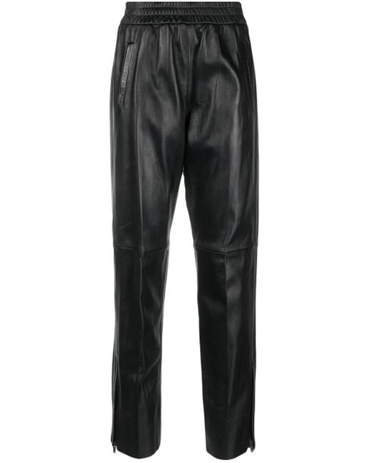 Golden Goose Deluxe Brand Black Leather Pants With Stretch Waistband And Zippers On Hem For