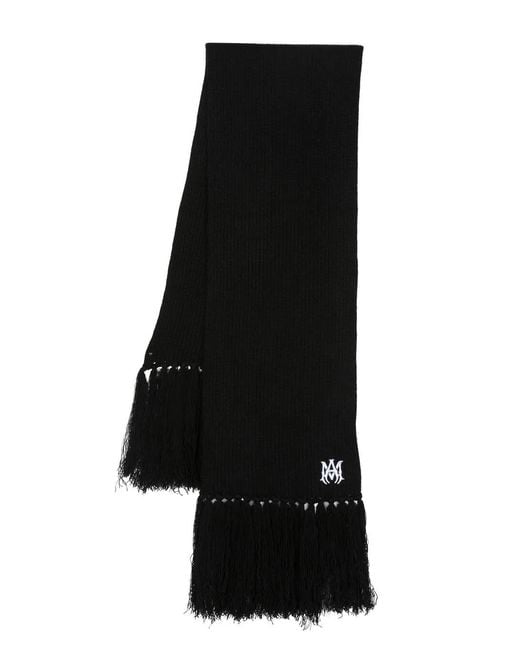 Amiri Black Logo-Embroidered Fringed Cashmere Scarf for men