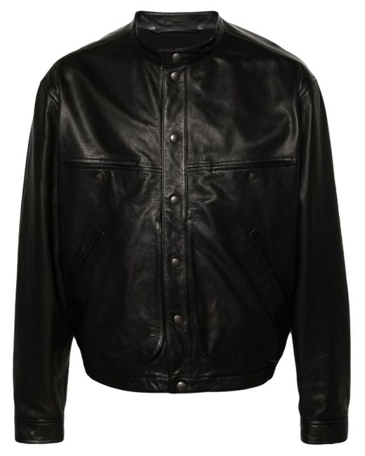 Lemaire Black Band-collar Leather Jacket for men