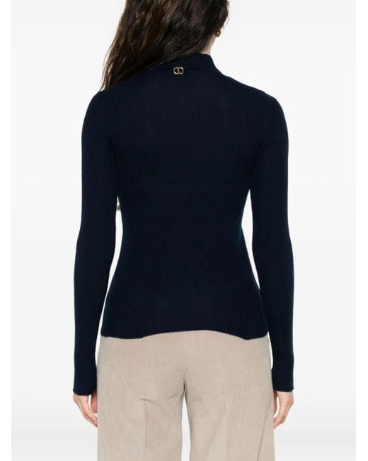 Twinset Blue High-Neck Ribbed Sweater