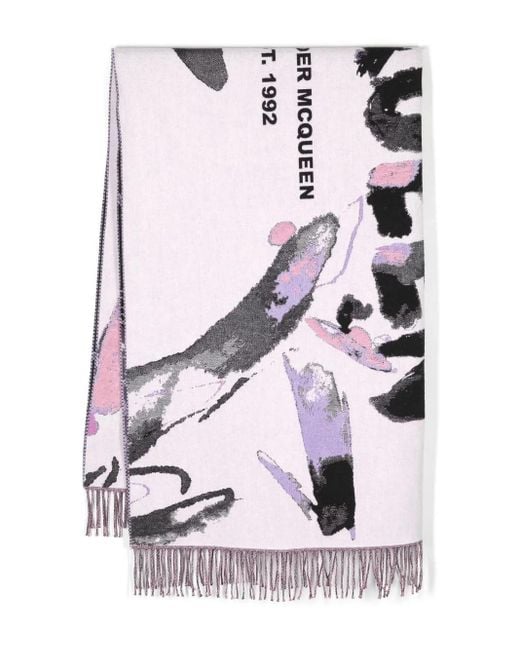 McQueen Natural Abstract Pattern Logo-Print Scarf