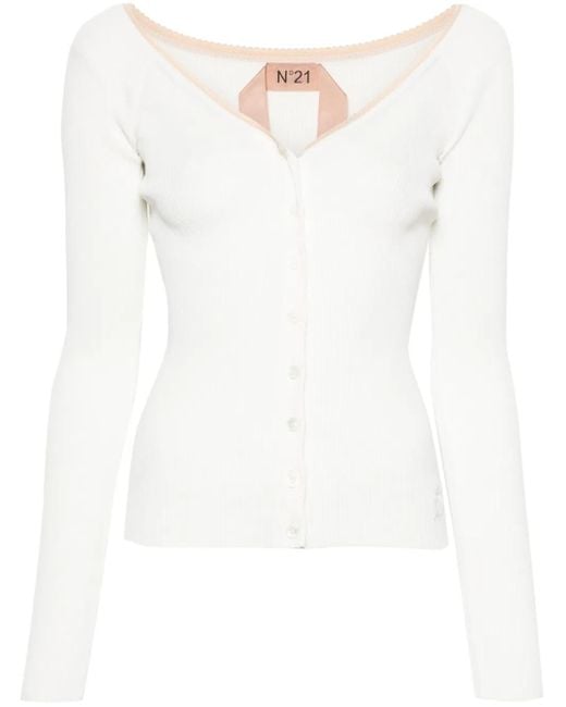 N°21 White Picot-Trim Fine-Ribbed Cardigan