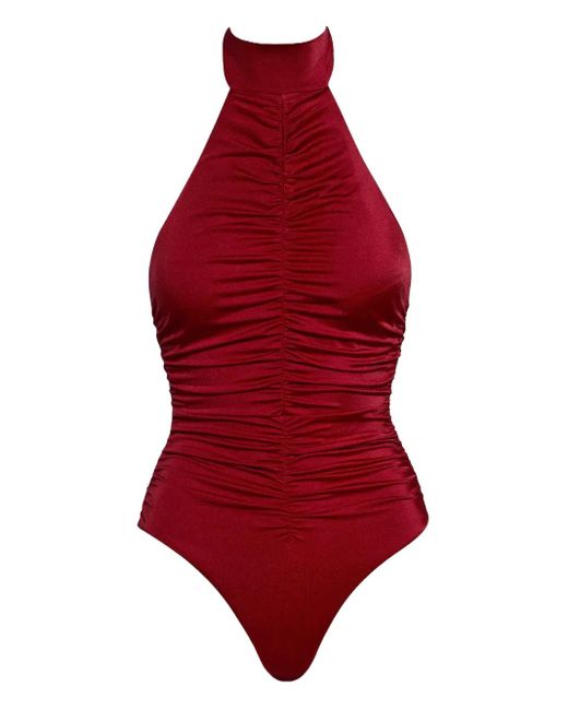 Noire Swimwear Badpak Met Halternek En Ruches in het Red